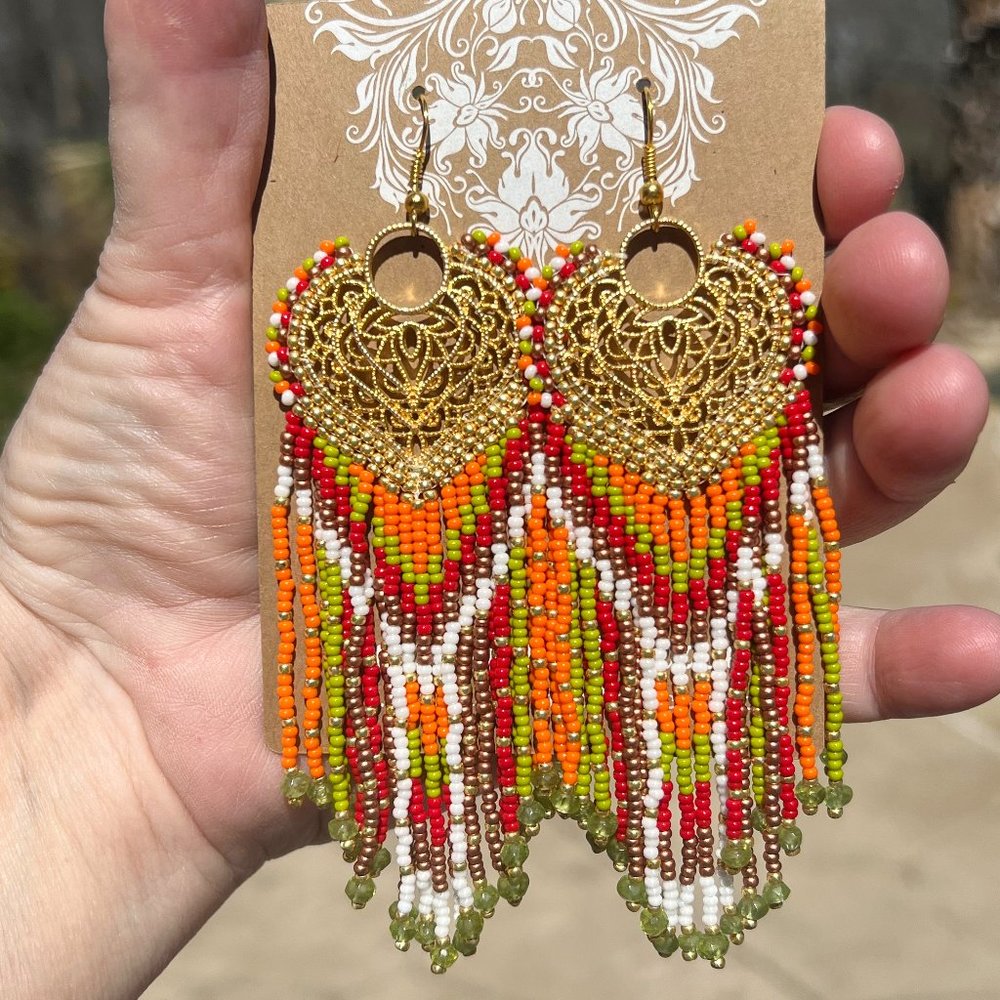 Handmade Beaded Earrings Native American Style Long Fringe Artisan Heart Dangles - Picture 5 of 7